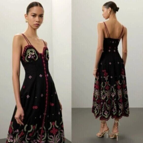 Charo Ruiz Mutti Black Floral Embroidered Eyelet Ibiza Midi Dress Size XS - Picture 3 of 14